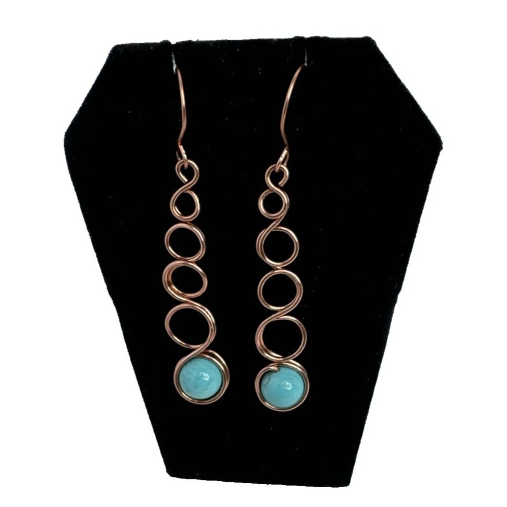Copper Dangle Earrings With Round Turquoise Beads One of a Kind Celtic Link